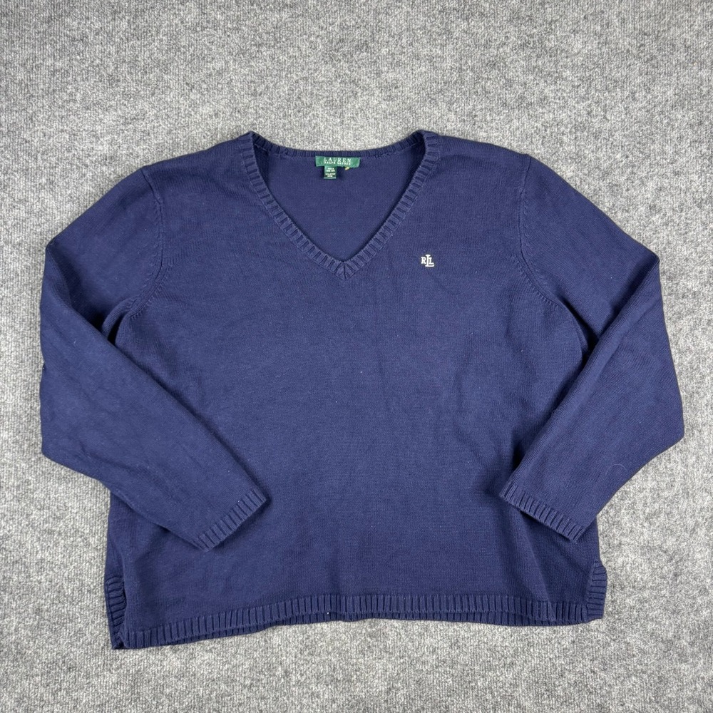 Lauren Ralph Lauren Sweater Womens Size XL Navy Blue Cotton V-Neck Long Sleeve